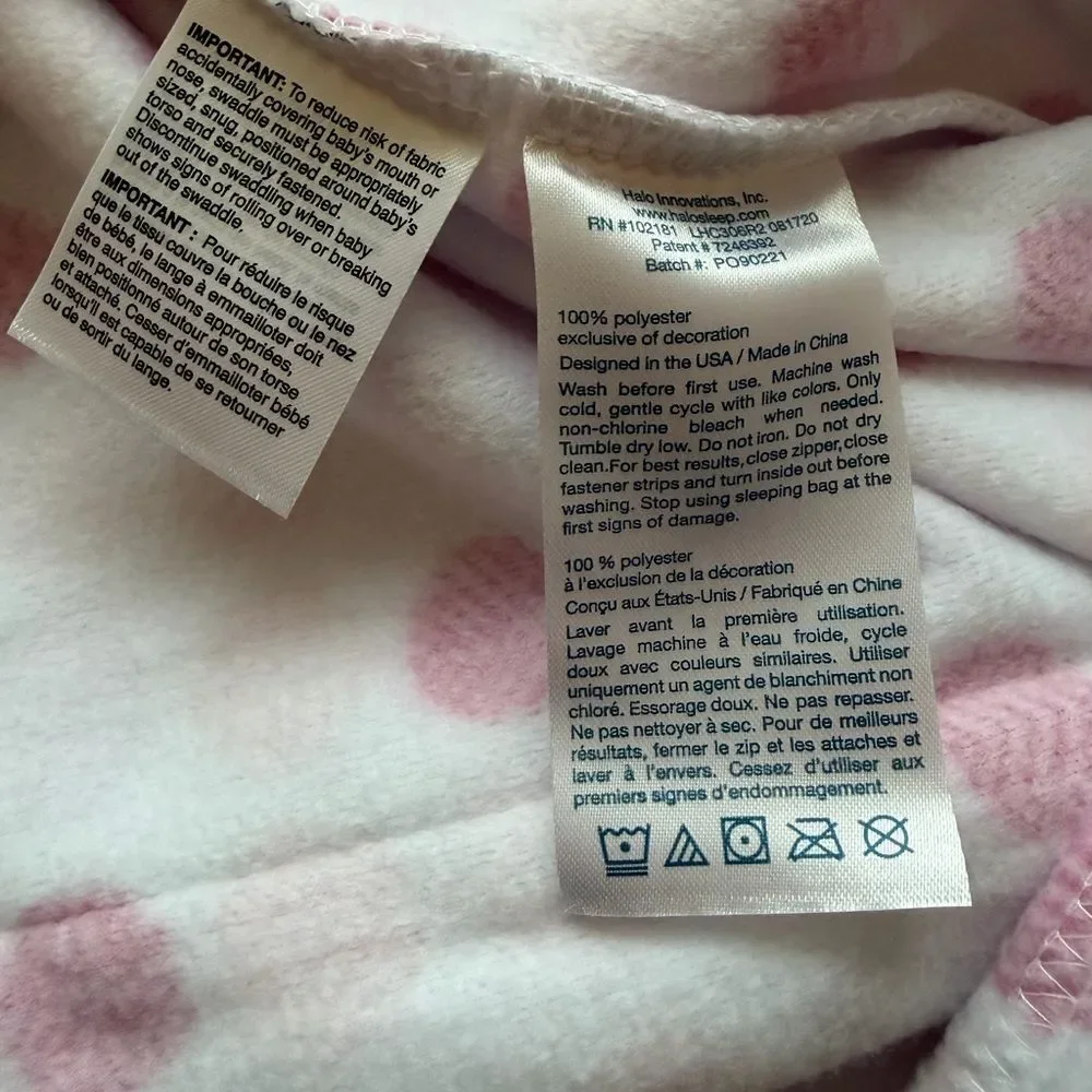 Halo SleepSack Swaddle in Microfleece, White with‎ Pink Dots, Size Newborn 0-3M
